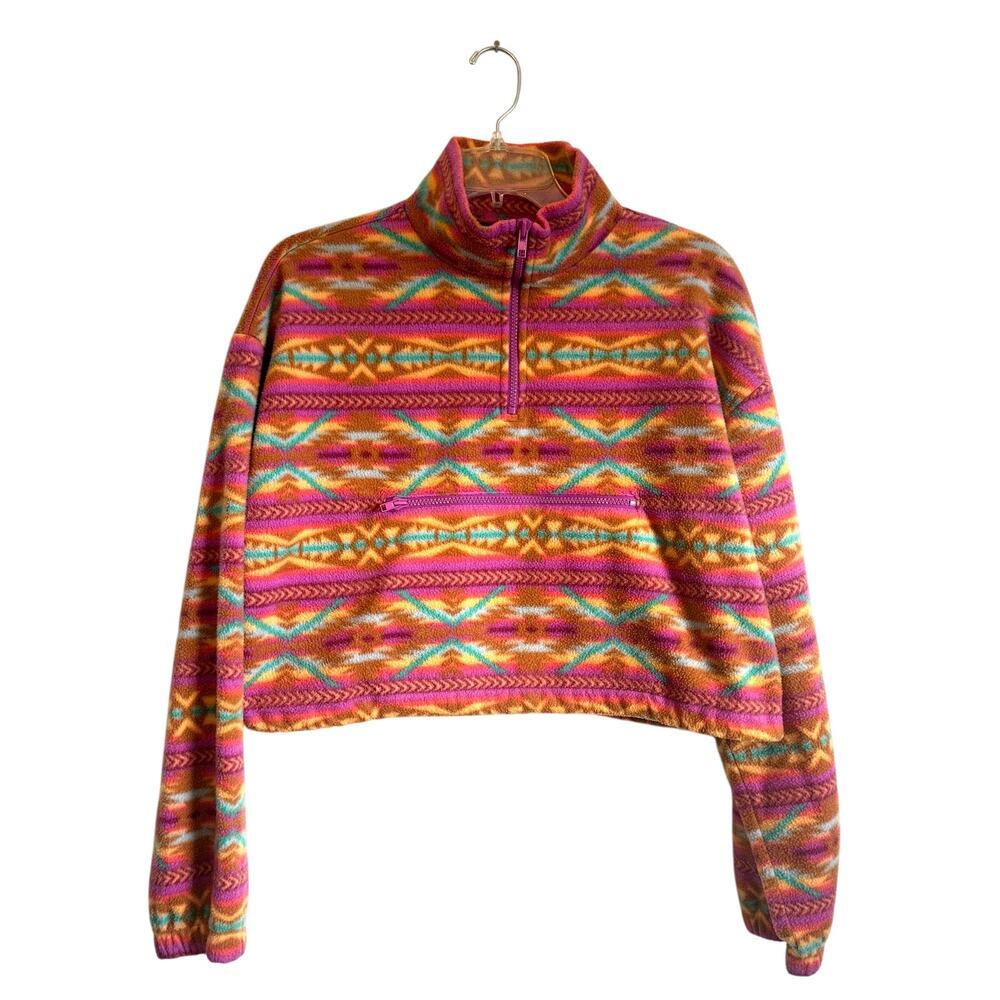 Forever 21 Aztec Fleece Pullover Jacket Cropped Barn Western Zip Up Warm Ski